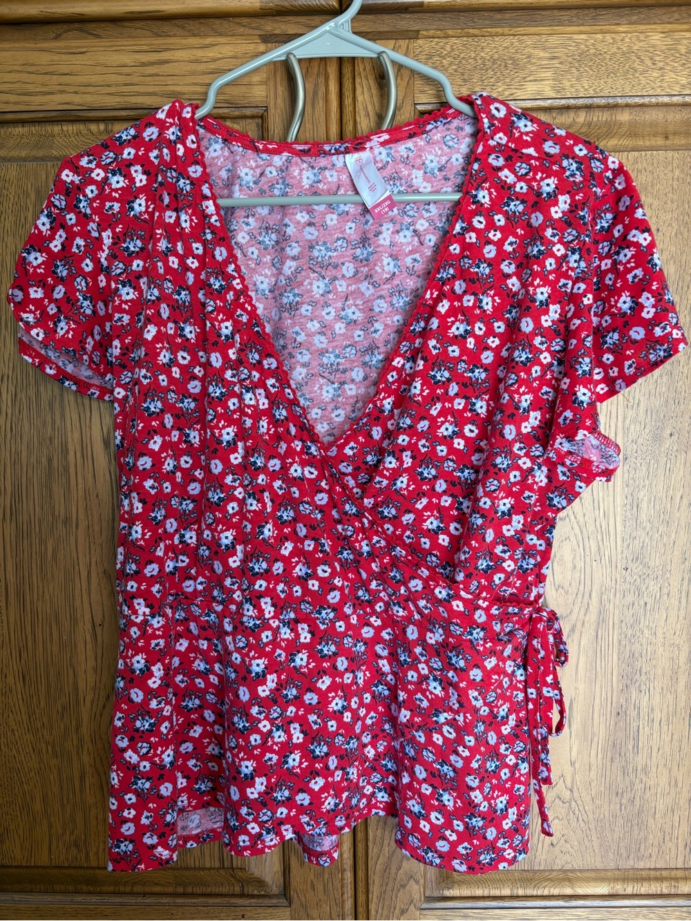 No Boundaries Floral Faux Wrap Short-Sleeve Top - Red Size XXL